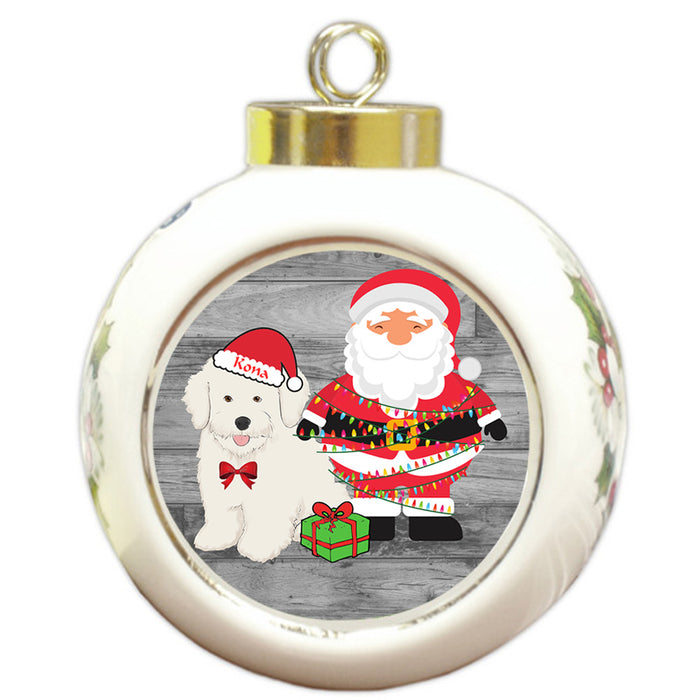 Custom Personalized Bichon Frise Dog With Santa Wrapped in Light Christmas Round Ball Ornament