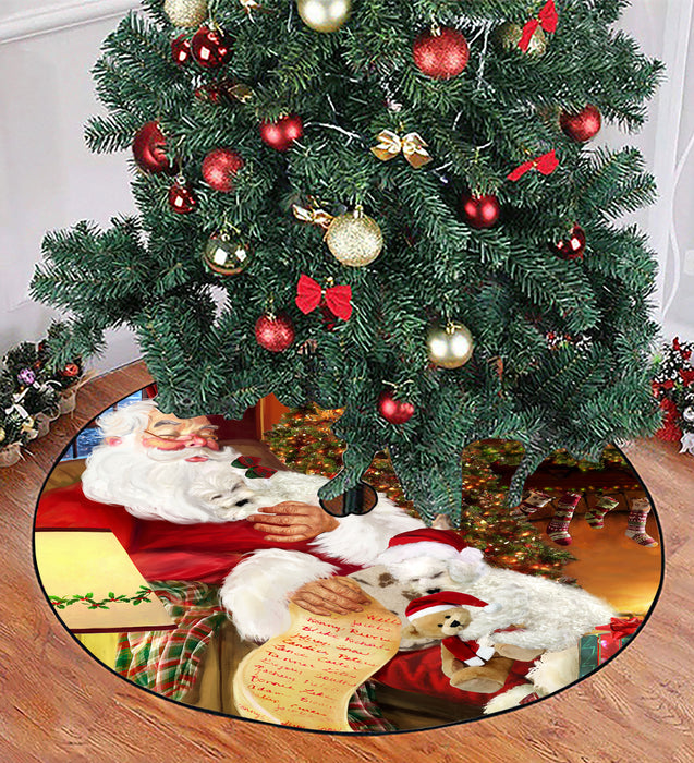 Santa Sleeping with Bichon Frise Dogs Christmas Tree Skirt