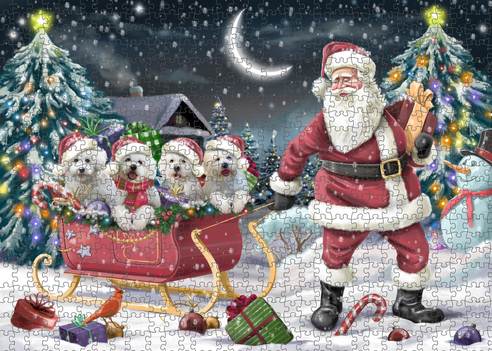 Christmas Santa Sled Bichon Frise Dogs Portrait Jigsaw Puzzle for Adults Animal Interlocking Puzzle Game Unique Gift for Dog Lover's with Metal Tin Box