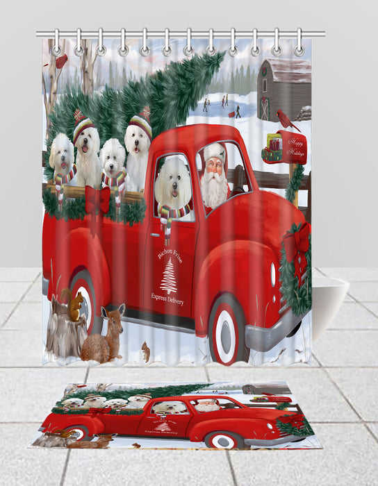 Christmas Santa Express Delivery Red Truck Bichon Frise Dogs Bath Mat and Shower Curtain Combo