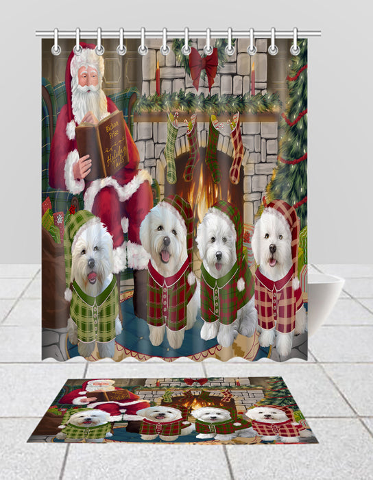 Christmas Cozy Holiday Fire Tails Bichon Frise Dogs Bath Mat and Shower Curtain Combo