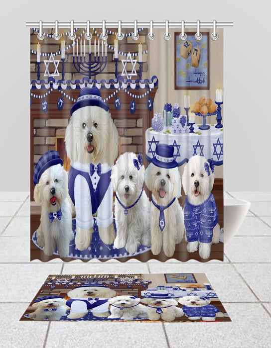 Happy Hanukkah Family Bichon Frise Dogs Bath Mat and Shower Curtain Combo