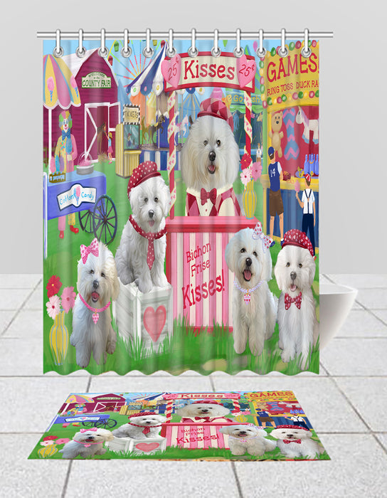 Carnival Kissing Booth Bichon Frise Dogs  Bath Mat and Shower Curtain Combo