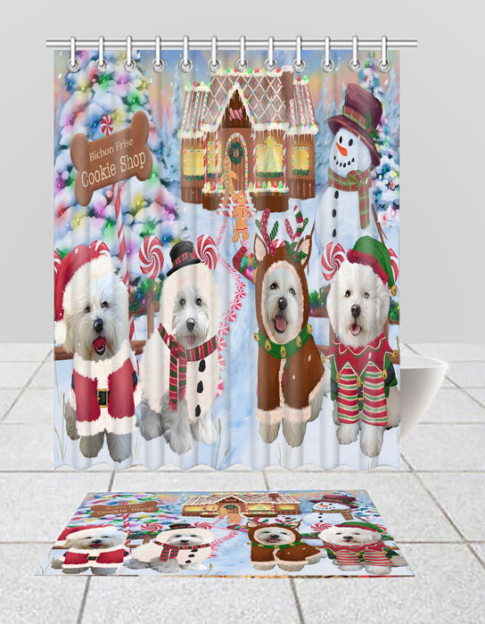 Holiday Gingerbread Cookie Bichon Frise Dogs  Bath Mat and Shower Curtain Combo