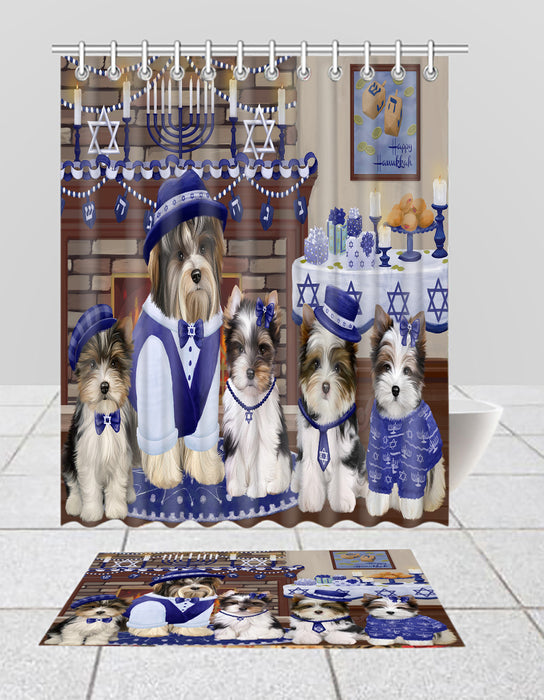 Happy Hanukkah Family Biewer Dogs Bath Mat and Shower Curtain Combo