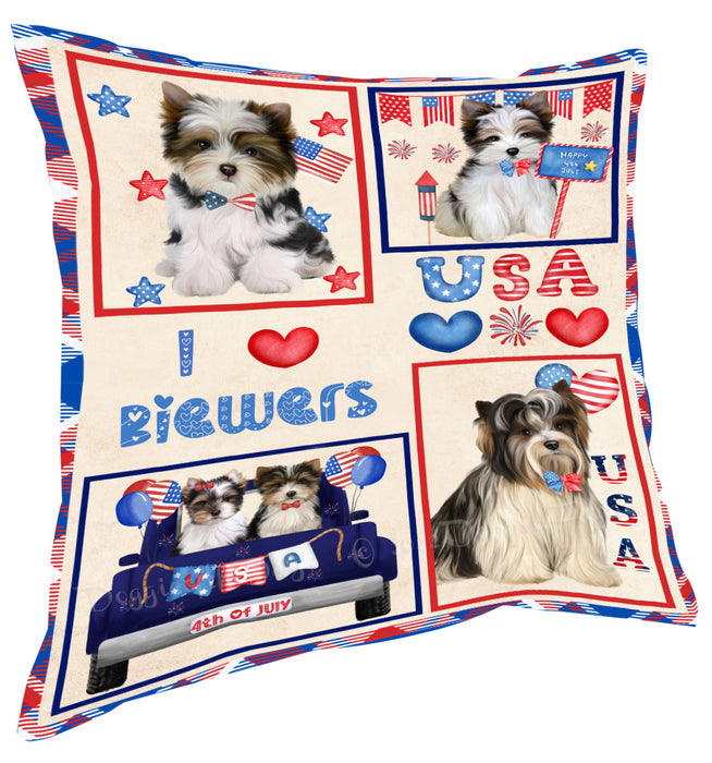 4th of July Independence Day I Love USA Biewer Dogs Pillow with Top Quality High-Resolution Images - Ultra Soft Pet Pillows for Sleeping - Reversible & Comfort - Ideal Gift for Dog Lover - Cushion for Sofa Couch Bed - 100% Polyester