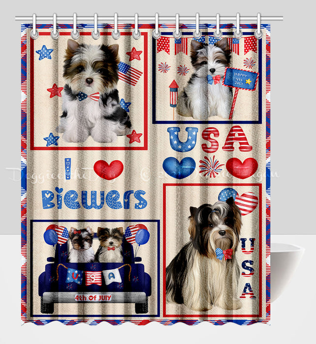 4th of July Independence Day I Love USA Biewer Dogs Shower Curtain Pet Painting Bathtub Curtain Waterproof Polyester One-Side Printing Decor Bath Tub Curtain for Bathroom with Hooks