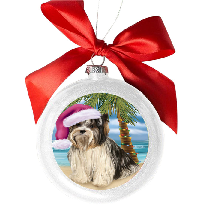 Summertime Happy Holidays Christmas Biewer Dog on Tropical Island Beach White Round Ball Christmas Ornament WBSOR49351