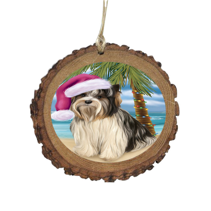 Summertime Happy Holidays Christmas Biewer Dog on Tropical Island Beach Wooden Christmas Ornament WOR49351