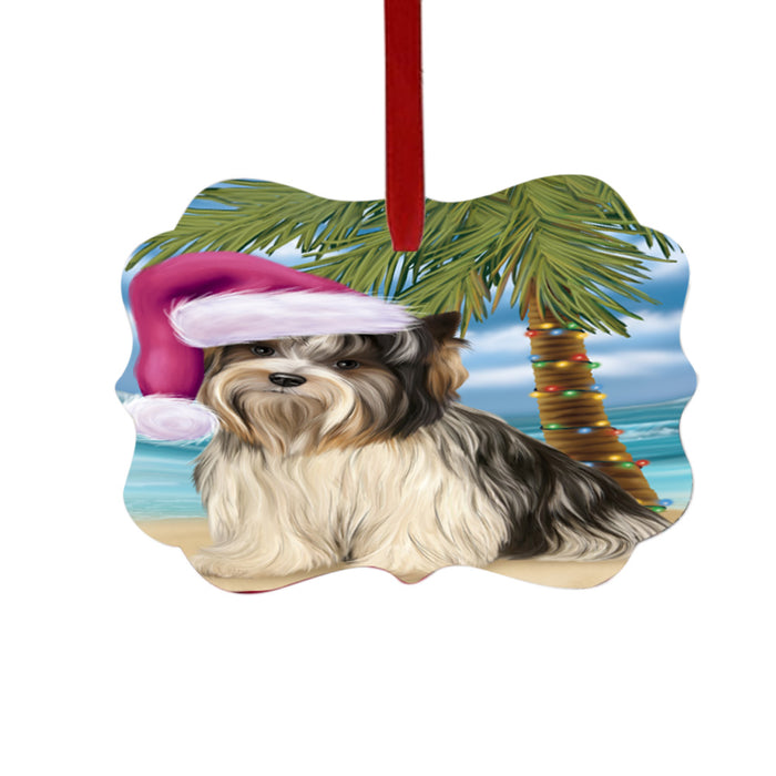 Summertime Happy Holidays Christmas Biewer Dog on Tropical Island Beach Double-Sided Photo Benelux Christmas Ornament LOR49351
