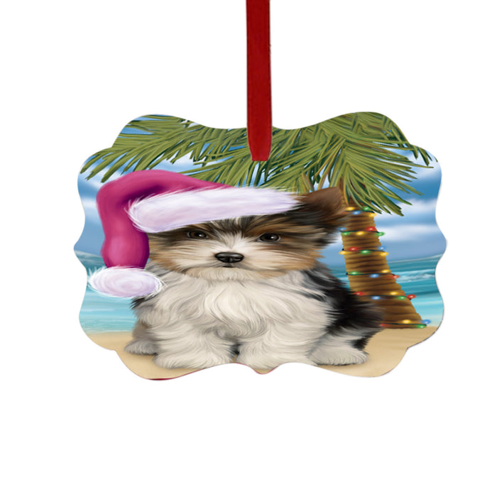 Summertime Happy Holidays Christmas Biewer Dog on Tropical Island Beach Double-Sided Photo Benelux Christmas Ornament LOR49352