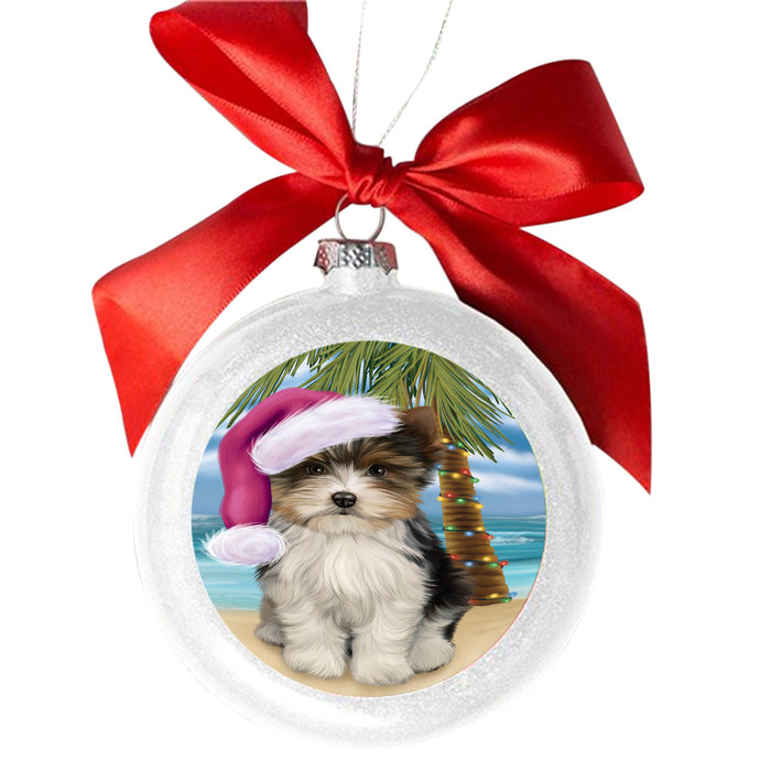 Summertime Happy Holidays Christmas Biewer Dog on Tropical Island Beach White Round Ball Christmas Ornament WBSOR49352