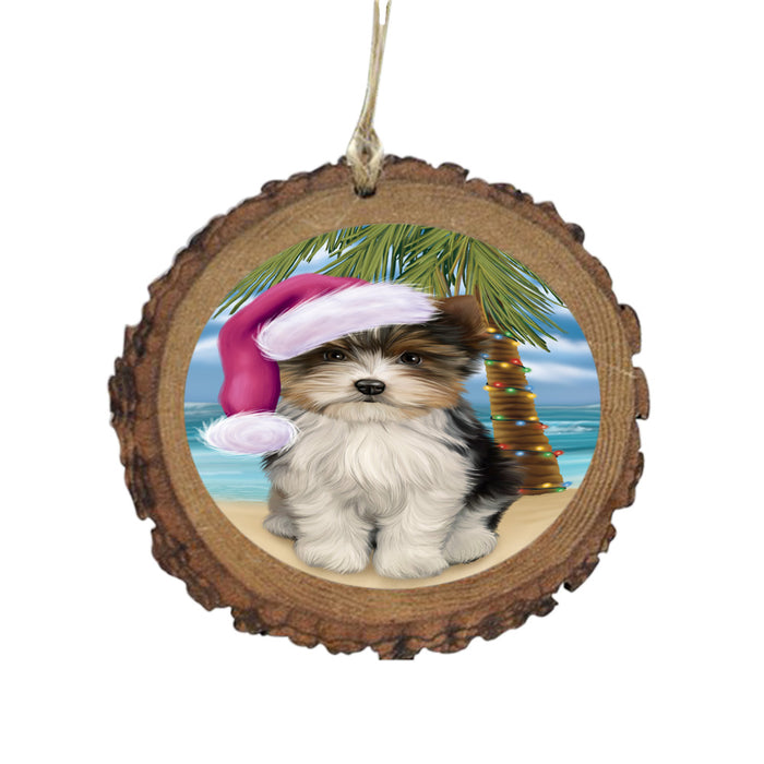 Summertime Happy Holidays Christmas Biewer Dog on Tropical Island Beach Wooden Christmas Ornament WOR49352