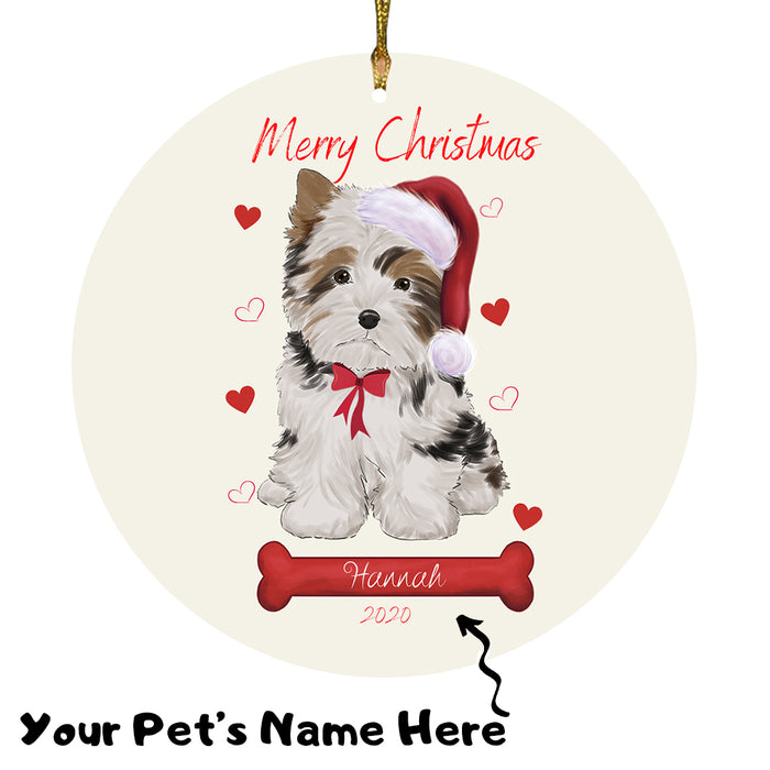 Personalized Merry Christmas  Biewer Dog Christmas Tree Round Flat Ornament RBPOR58918