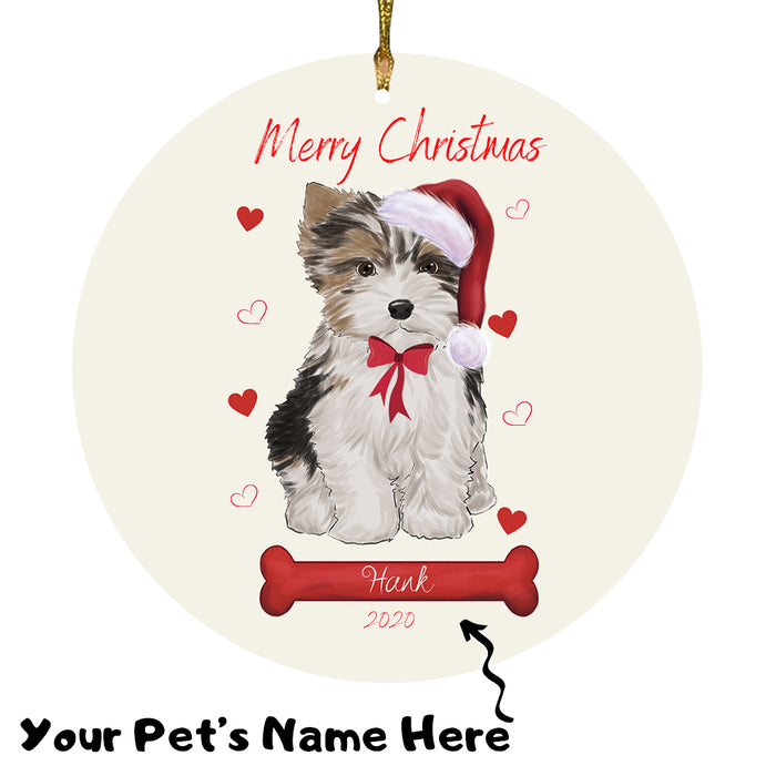 Personalized Merry Christmas  Biewer Dog Christmas Tree Round Flat Ornament RBPOR58919