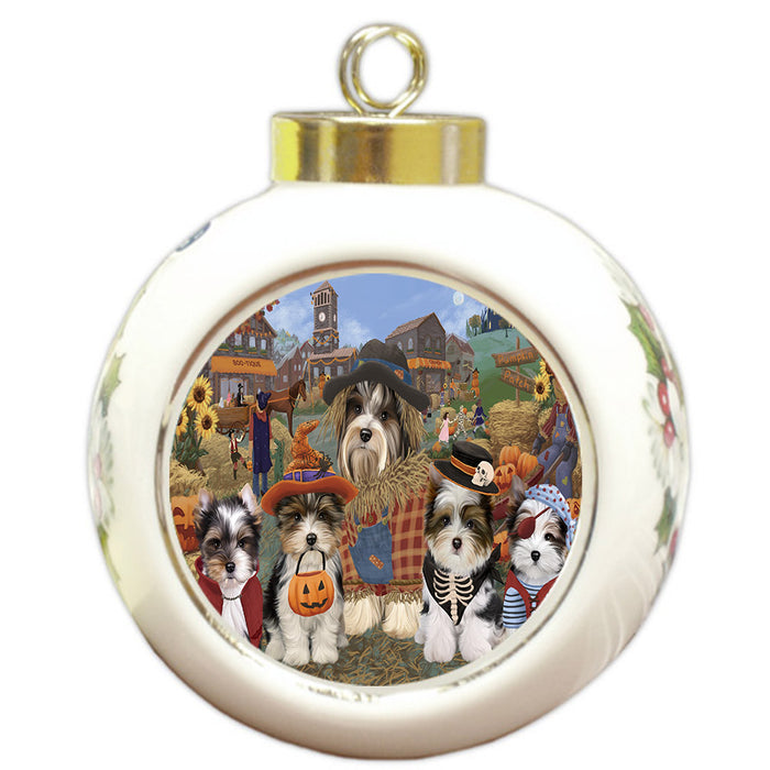 Halloween 'Round Town And Fall Pumpkin Scarecrow Both Biewer Dogs Round Ball Christmas Ornament RBPOR57378