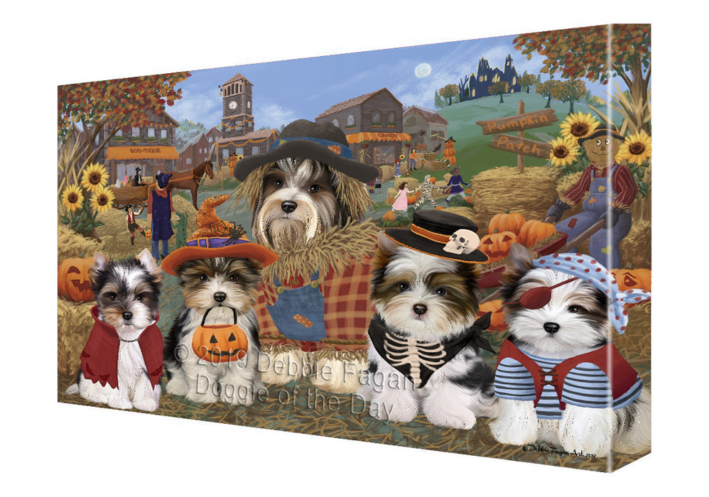 Halloween 'Round Town And Fall Pumpkin Scarecrow Both Biewer Dogs Canvas Print Wall Art Décor CVS139355