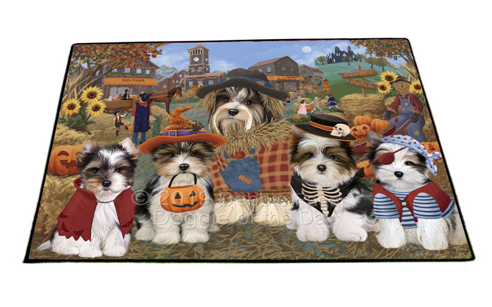 Halloween 'Round Town And Fall Pumpkin Scarecrow Both Biewer Dogs Floormat FLMS53867
