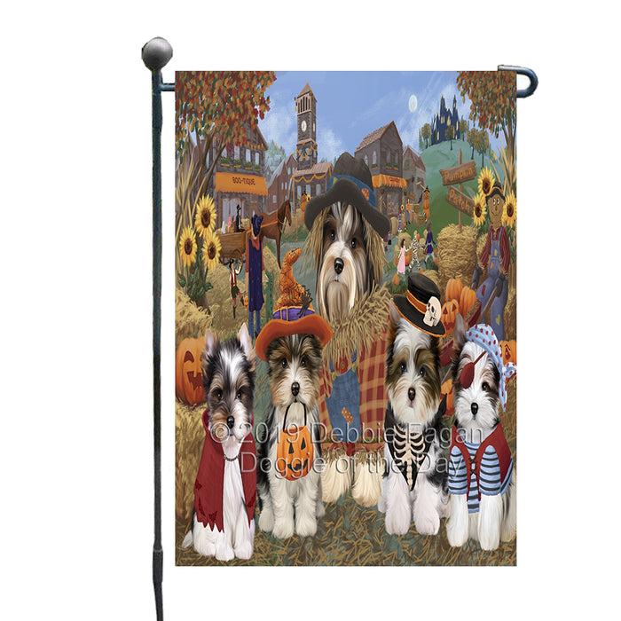 Halloween 'Round Town And Fall Pumpkin Scarecrow Both Biewer Dogs Garden Flag GFLG65574