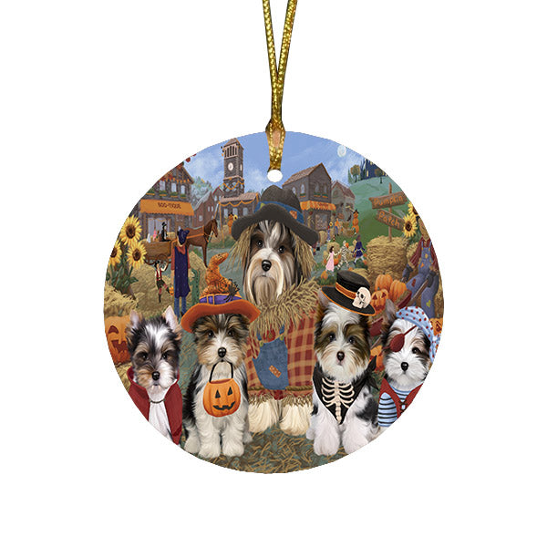 Halloween 'Round Town And Fall Pumpkin Scarecrow Both Biewer Dogs Round Flat Christmas Ornament RFPOR57378