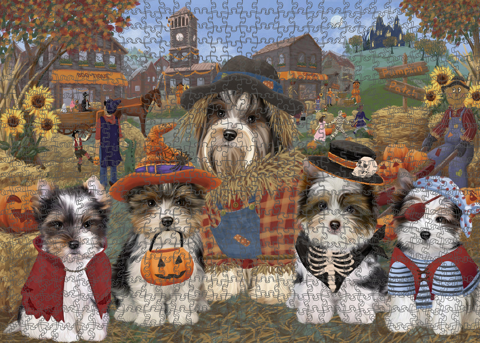 Halloween 'Round Town And Fall Pumpkin Scarecrow Both Biewer Dogs Puzzle with Photo Tin PUZL96204
