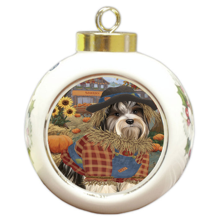 Halloween 'Round Town And Fall Pumpkin Scarecrow Both Biewer Dogs Round Ball Christmas Ornament RBPOR57439