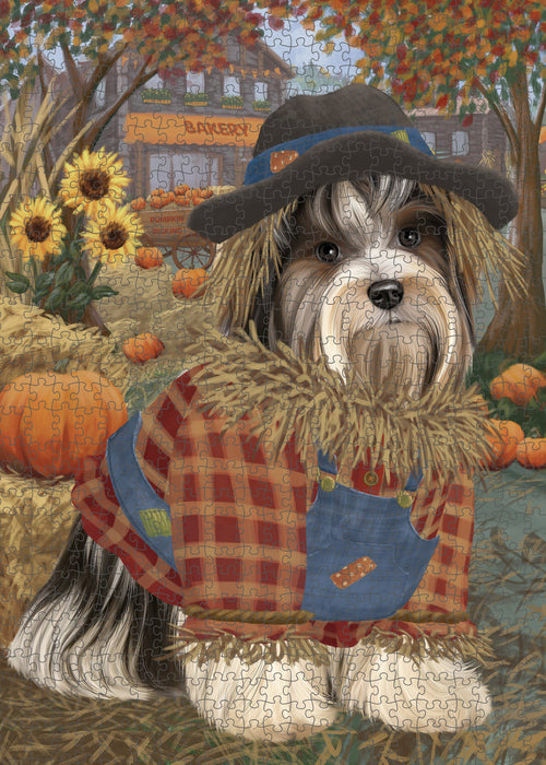 Halloween 'Round Town And Fall Pumpkin Scarecrow Both Biewer Dogs Puzzle with Photo Tin PUZL96448