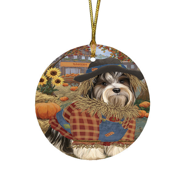 Halloween 'Round Town And Fall Pumpkin Scarecrow Both Biewer Dogs Round Flat Christmas Ornament RFPOR57439