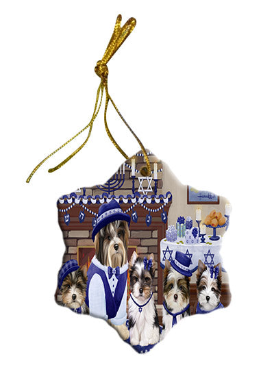 Happy Hanukkah Family Biewer Dogs Star Porcelain Ornament SPOR57596