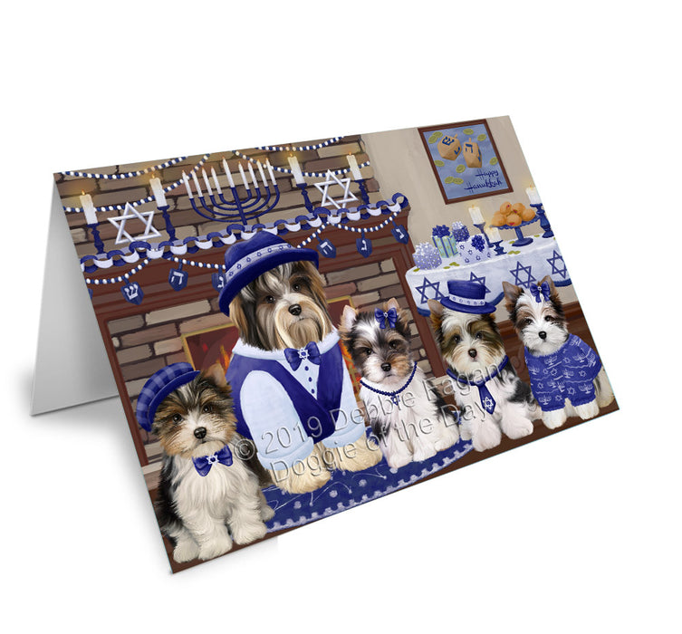 Happy Hanukkah Family Biewer Dogs Handmade Artwork Assorted Pets Greeting Cards and Note Cards with Envelopes for All Occasions and Holiday Seasons GCD78134