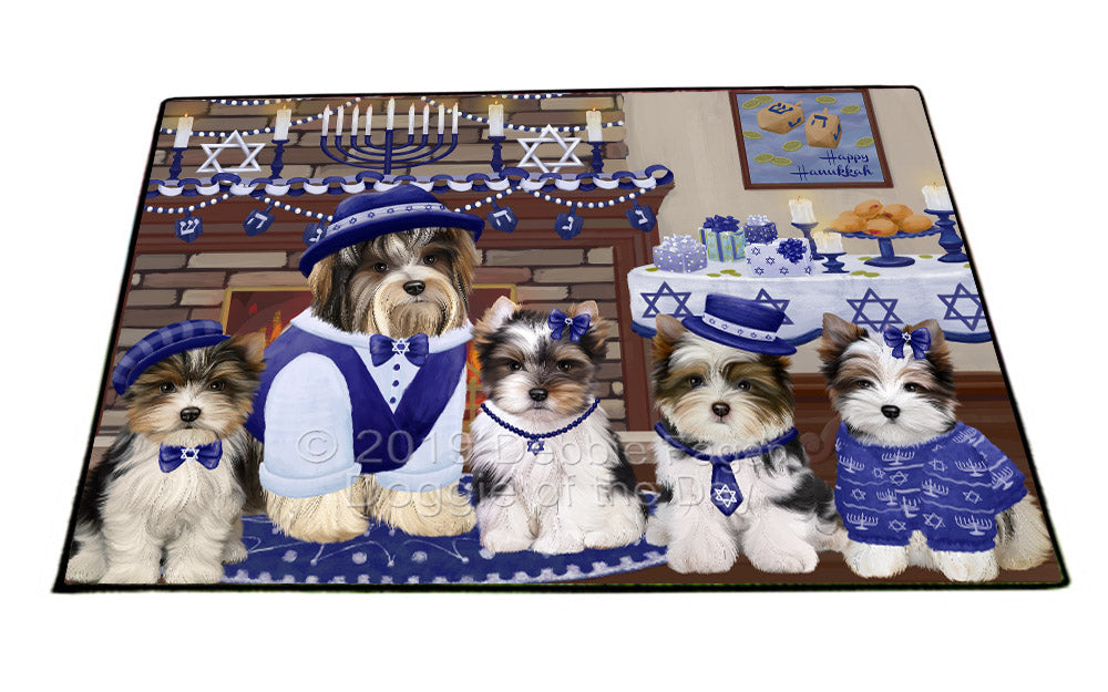 Happy Hanukkah Family and Happy Hanukkah Both Biewer Dogs Floormat FLMS54050