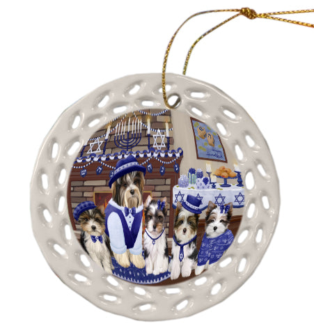 Happy Hanukkah Family Biewer Dogs Doily Ornament DPOR57954