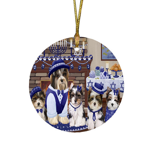 Happy Hanukkah Family and Happy Hanukkah Both Biewer Dogs Round Flat Christmas Ornament RFPOR57500