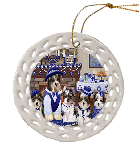 Happy Hanukkah Family Biewer Dogs Ceramic Doily Ornament DPOR57596