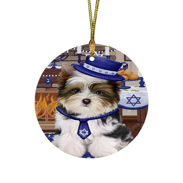 Happy Hanukkah Family and Happy Hanukkah Both Biewer Dog Round Flat Christmas Ornament RFPOR57556