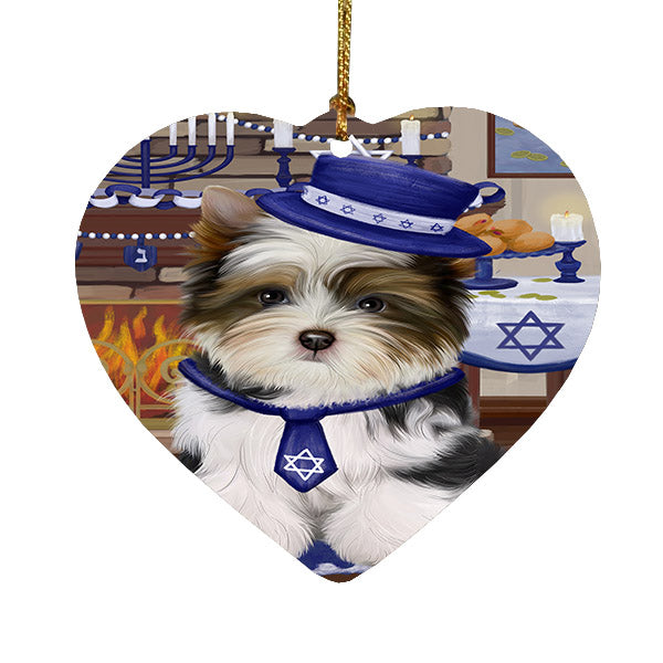 Happy Hanukkah Biewer Dog Heart Christmas Ornament HPOR57652