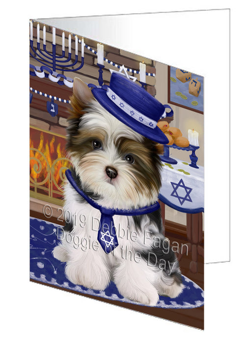 Happy Hanukkah Biewer Dog Handmade Artwork Assorted Pets Greeting Cards and Note Cards with Envelopes for All Occasions and Holiday Seasons GCD78302