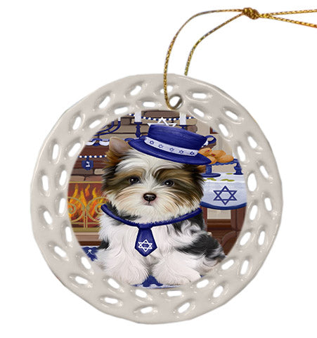 Happy Hanukkah Biewer Dog Ceramic Doily Ornament DPOR57652