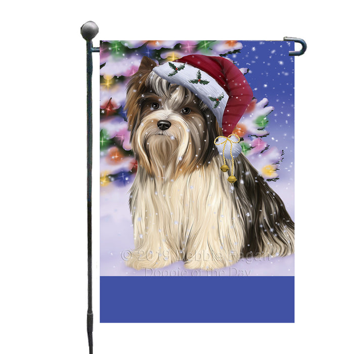 Personalized Winterland Wonderland Biewer Terrier Dog In Christmas Holiday Scenic Background Custom Garden Flags GFLG-DOTD-A61240