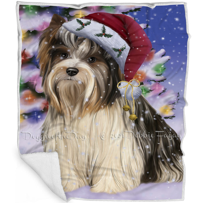 Winterland Wonderland Biewer Terrier Dog In Christmas Holiday Scenic Background Blanket BLNKT100965