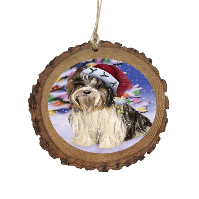 Winterland Wonderland Biewer Dog In Christmas Holiday Scenic Background Wooden Christmas Ornament WOR49522