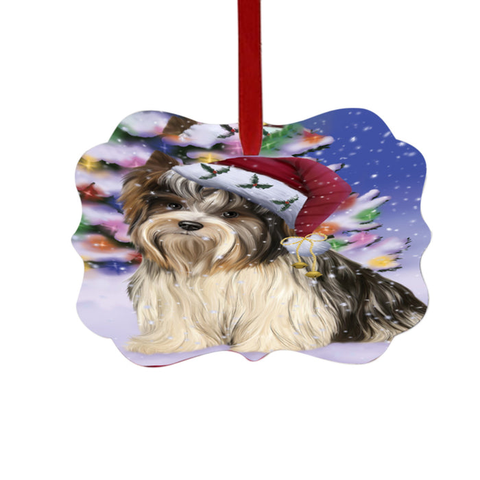 Winterland Wonderland Biewer Dog In Christmas Holiday Scenic Background Double-Sided Photo Benelux Christmas Ornament LOR49522