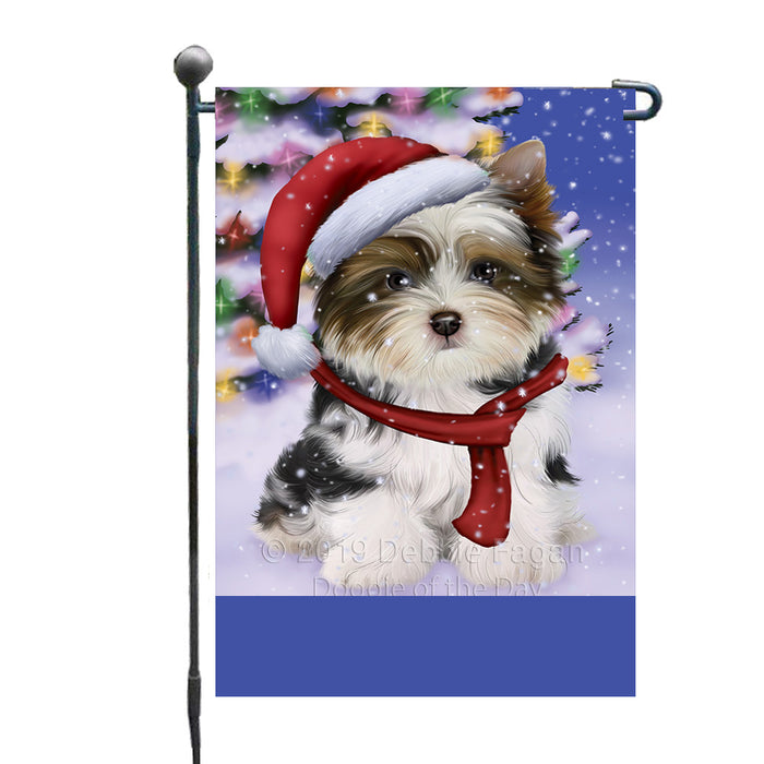 Personalized Winterland Wonderland Biewer Terrier Dog In Christmas Holiday Scenic Background Custom Garden Flags GFLG-DOTD-A61241