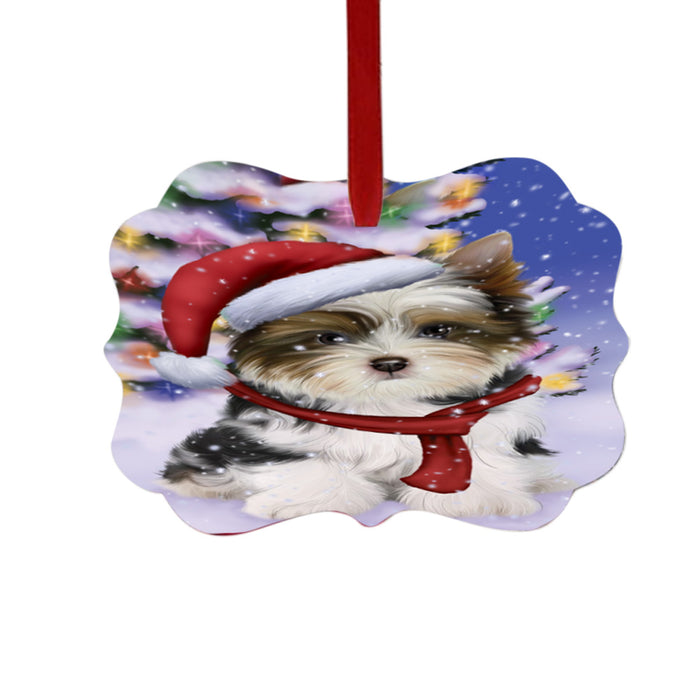 Winterland Wonderland Biewer Dog In Christmas Holiday Scenic Background Double-Sided Photo Benelux Christmas Ornament LOR49523
