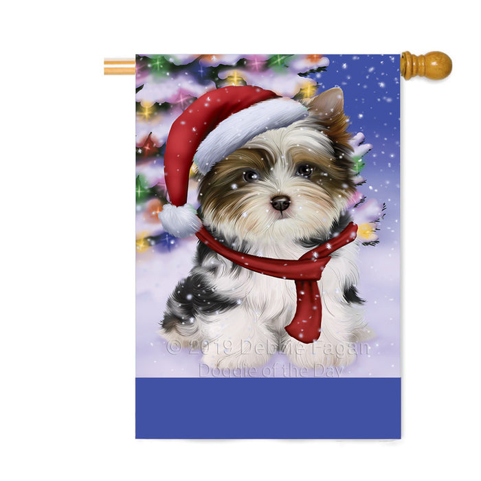Personalized Winterland Wonderland Biewer Terrier Dog In Christmas Holiday Scenic Background Custom House Flag FLG-DOTD-A61297