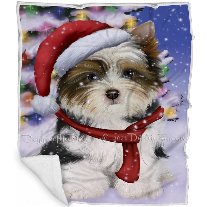 Winterland Wonderland Biewer Terrier Dog In Christmas Holiday Scenic Background Blanket BLNKT100974