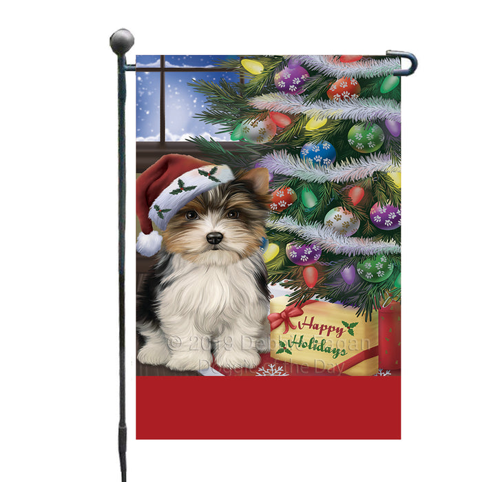 Personalized Christmas Happy Holidays Biewer Terrier Dog with Tree and Presents Custom Garden Flags GFLG-DOTD-A58598