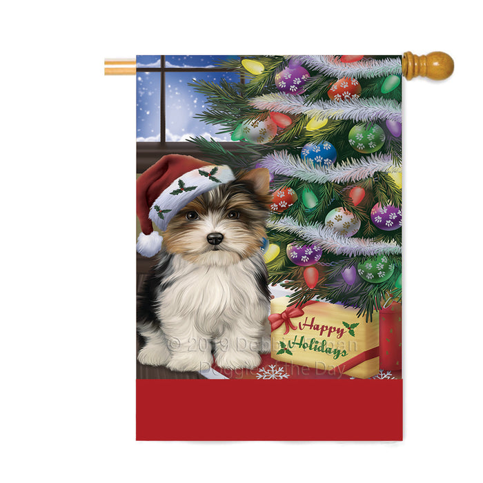 Personalized Christmas Happy Holidays Biewer Terrier Dog with Tree and Presents Custom House Flag FLG-DOTD-A58654