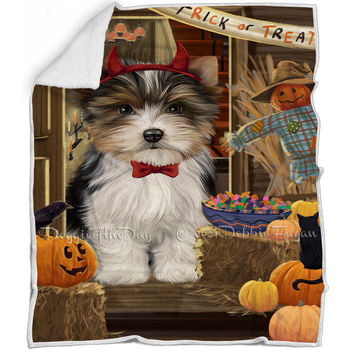 Enter at Own Risk Trick or Treat Halloween Biewer Terrier Dog Blanket BLNKT94449