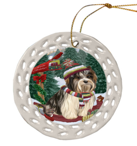 Christmas Woodland Sled Biewer Terrier Dog Doily Ornament DPOR59055